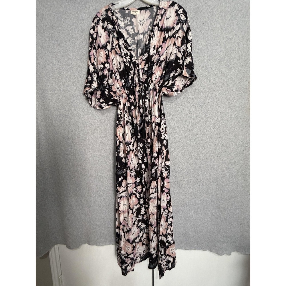 World Market Dress Womens S/M Black Floral V Neck Kimono Maxi Boho Sundress